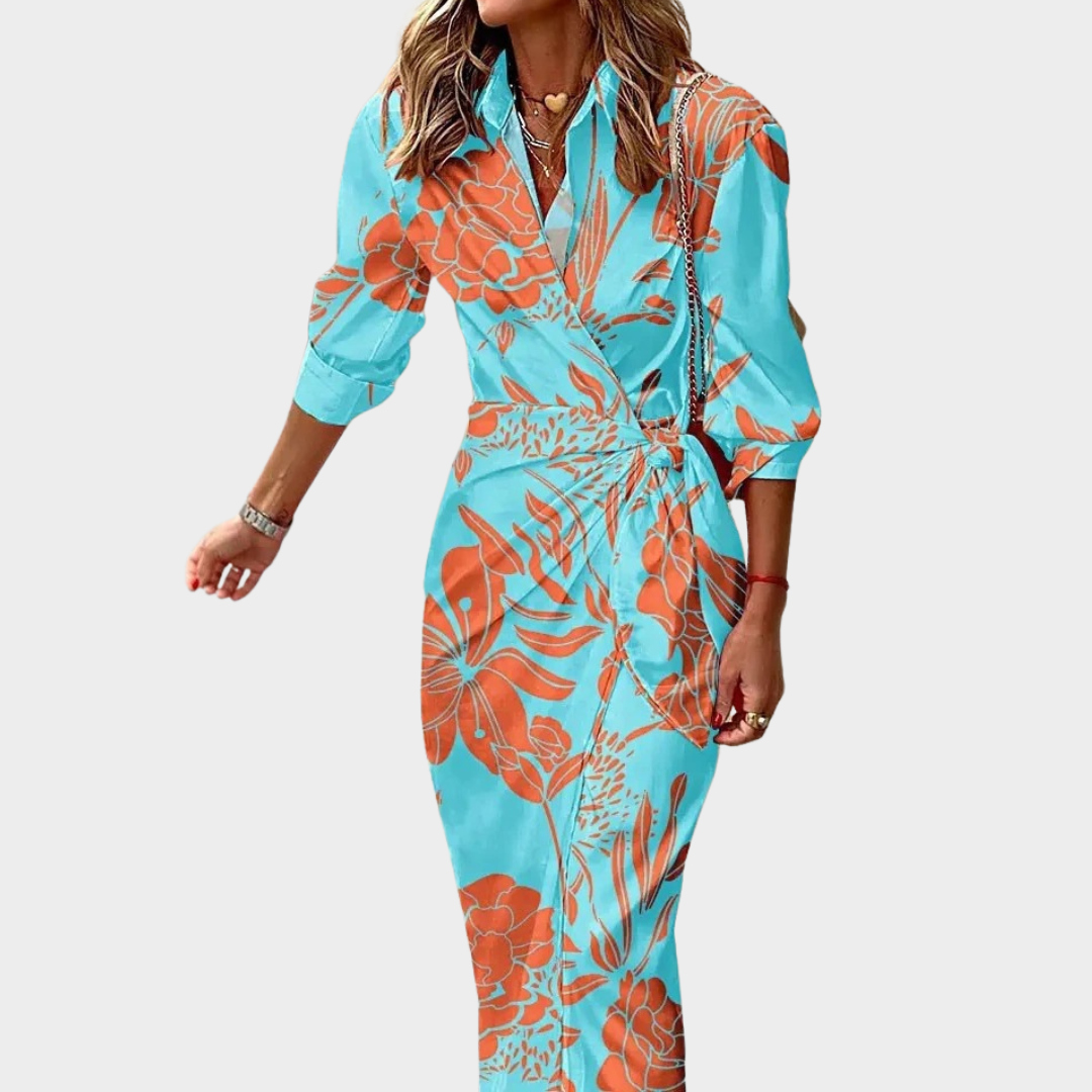 Women's Mid-Length Shirt Dress – Neck Tie Blouse Style with Striped Print – Lightweight Comfortable Fit – Multiple Colours