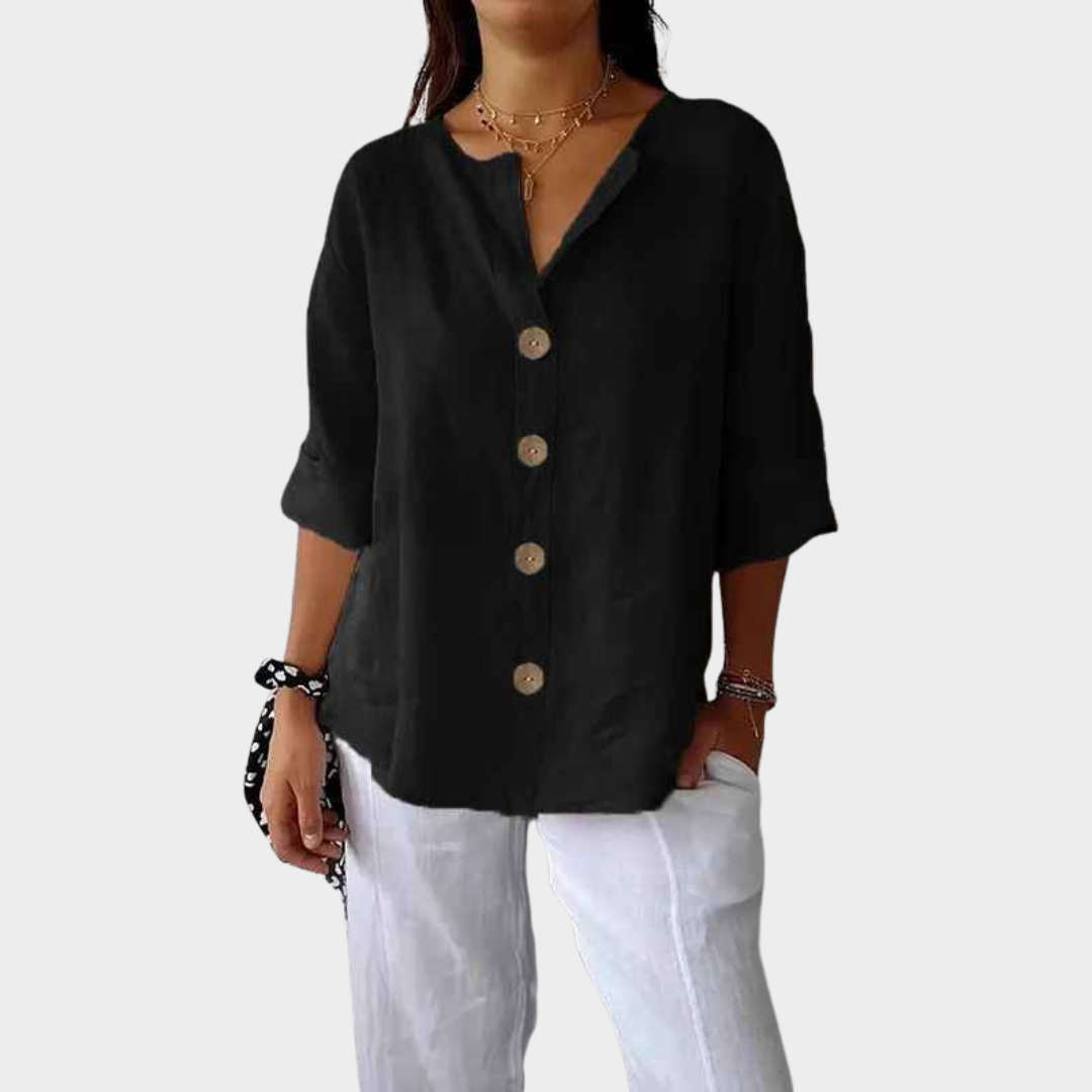 Women V-Neck Blouse – Loose Fit Button Front Cotton Linen Shirt – Multiple Colours
