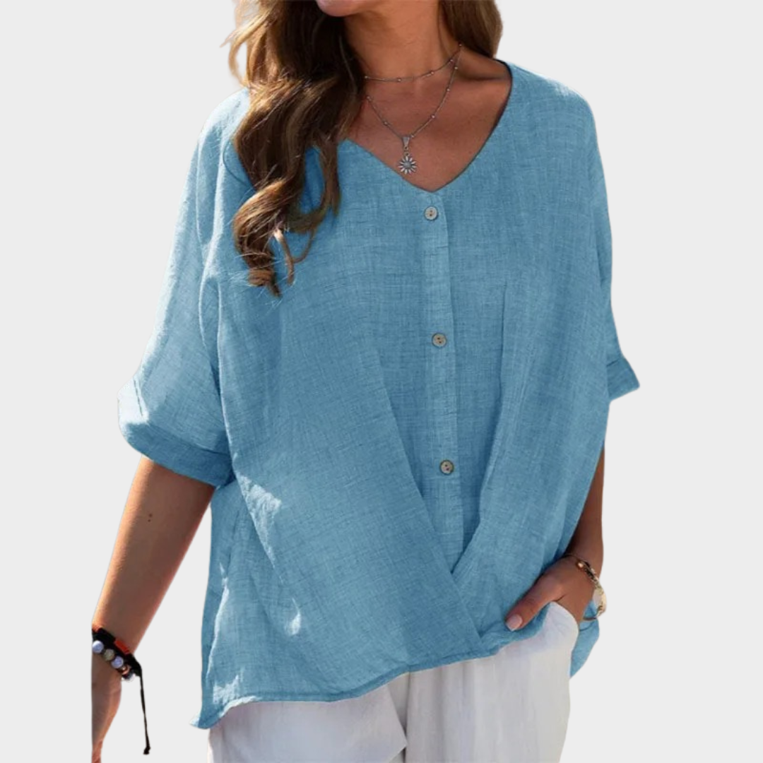Women’s Blouse – Oversized Fit – V-Neck – Button Front – Half Sleeve – Multiple Colours