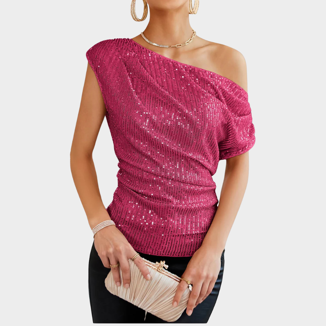 Women’s One-Shoulder Sequin Blouse – Asymmetric Neckline – Fitted Party Top – Soft Stretch Fabric – Elegant Ruched Design – Multiple Colours