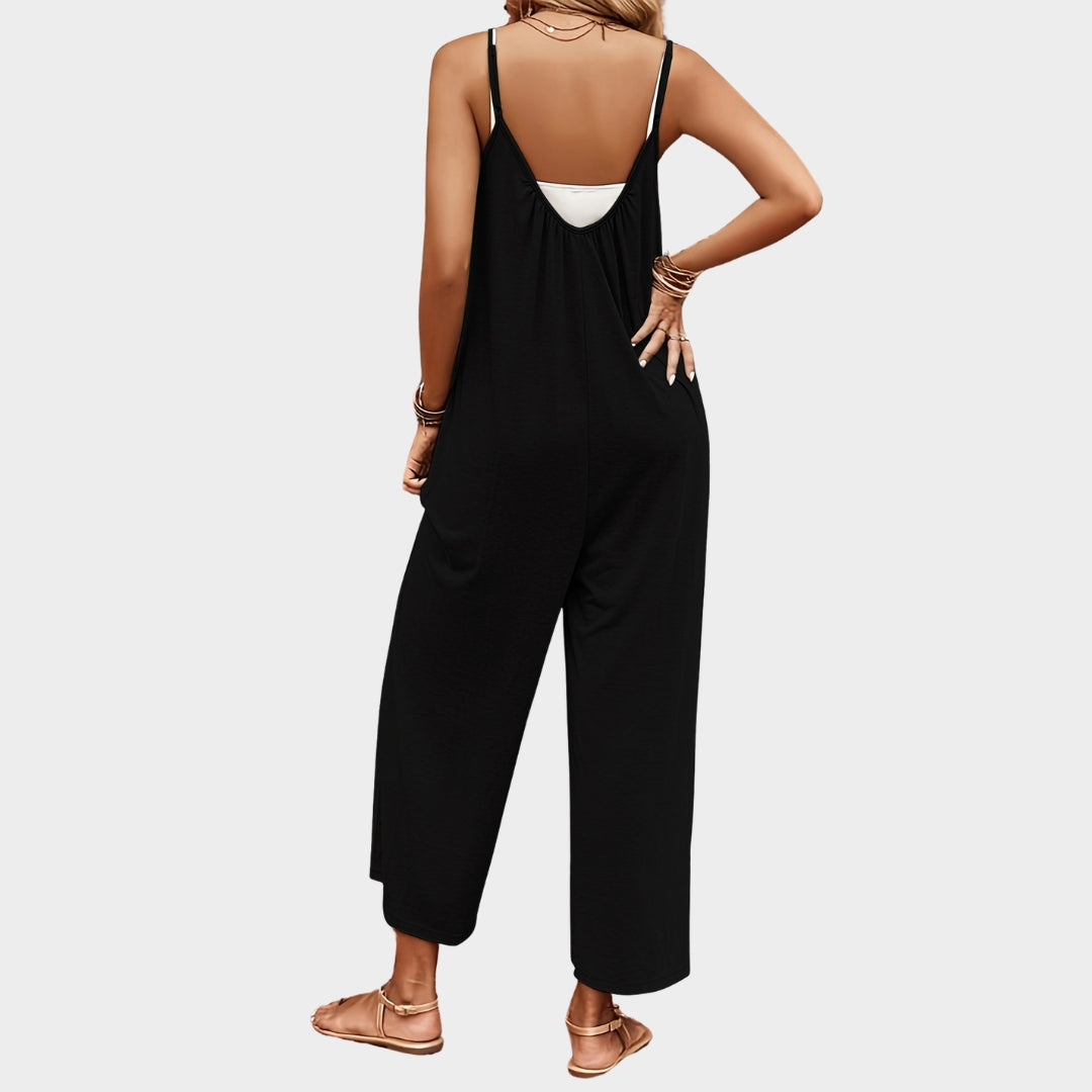 Women’s Solid Color Jumpsuit – Wide-Leg Casual Back Button Pleat Design in Black, Loose Fit