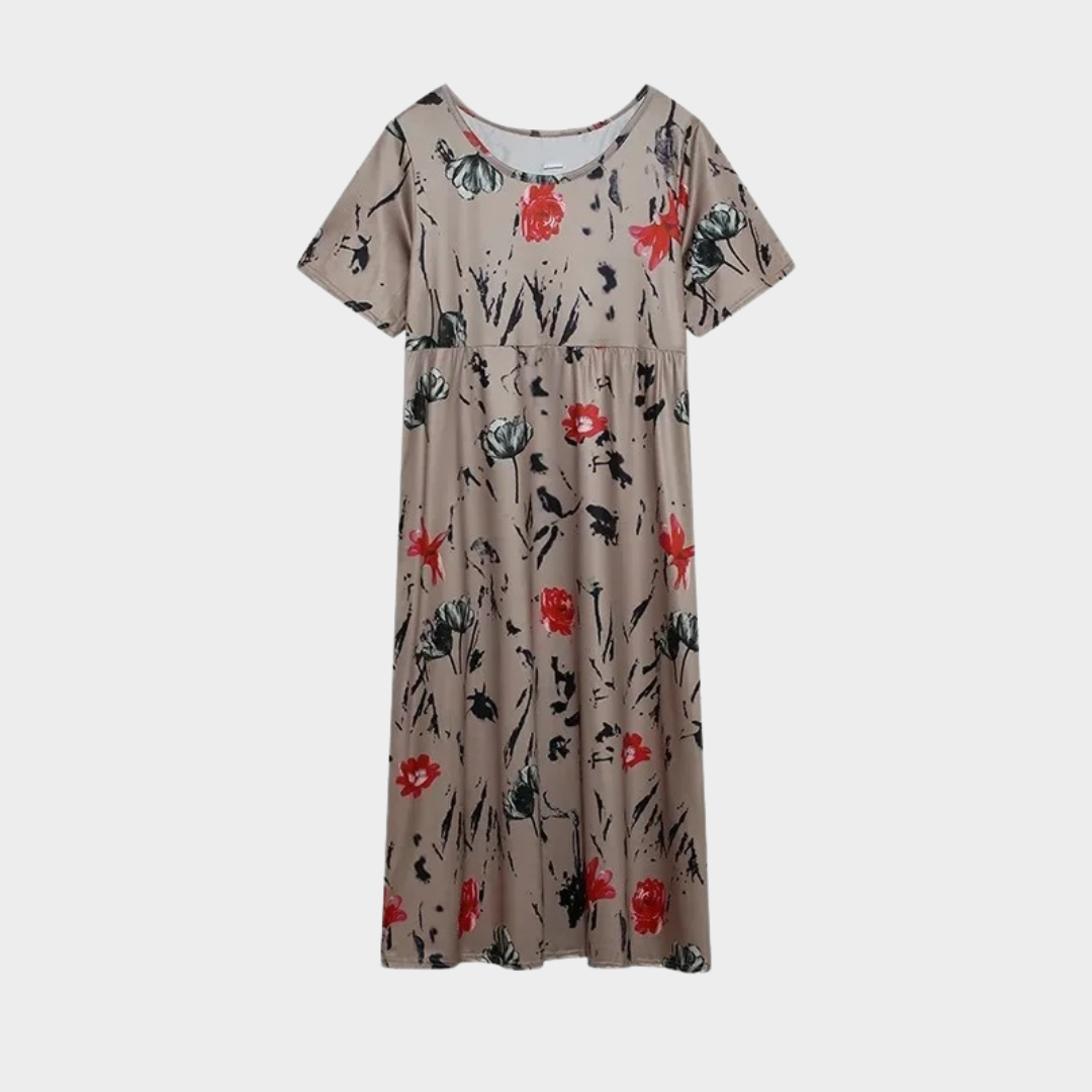 Women’s Vintage Floral Print Dress – Round Neck A-Line Fit with Short Sleeves – Lightweight and Flowy – Multiple Colours