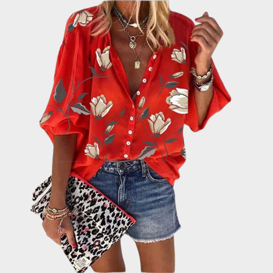 Women's Printed Button-Up Shirt – Stand-Up Collar – Long Sleeve – Loose Casual Fit – Multiple Colours