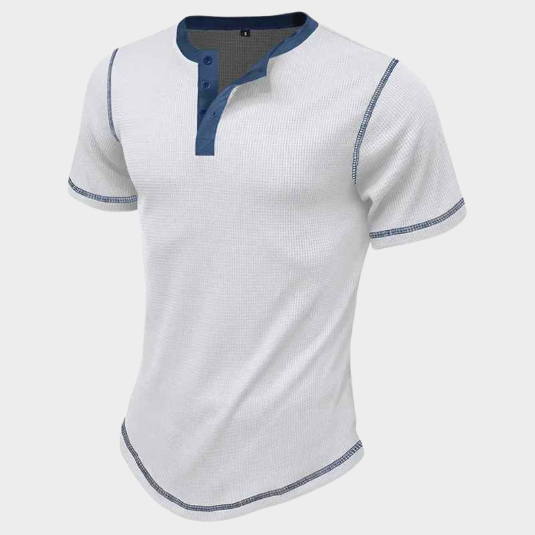 Men's T-Shirt – Short Sleeve Vintage Fit Waffle Texture Crew Neck Henley Top – Multiple Colours