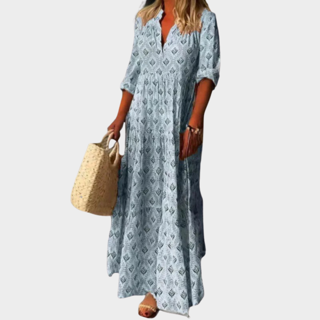Women Retro Long Dress – Stand Collar Loose Fit Cotton Blend Design – Multiple Colours