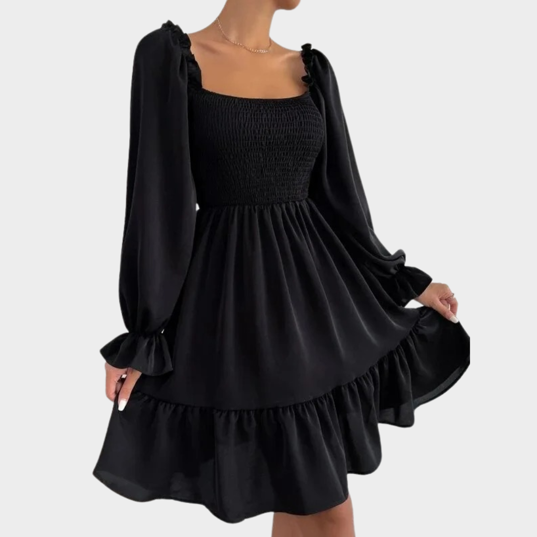 Women’s Long Sleeve Ruffle Hem Dress – Square Neck Solid Colour Fit – Bell Sleeves with Seam Detail – Soft Fabric Casual Style – Multiple Colours