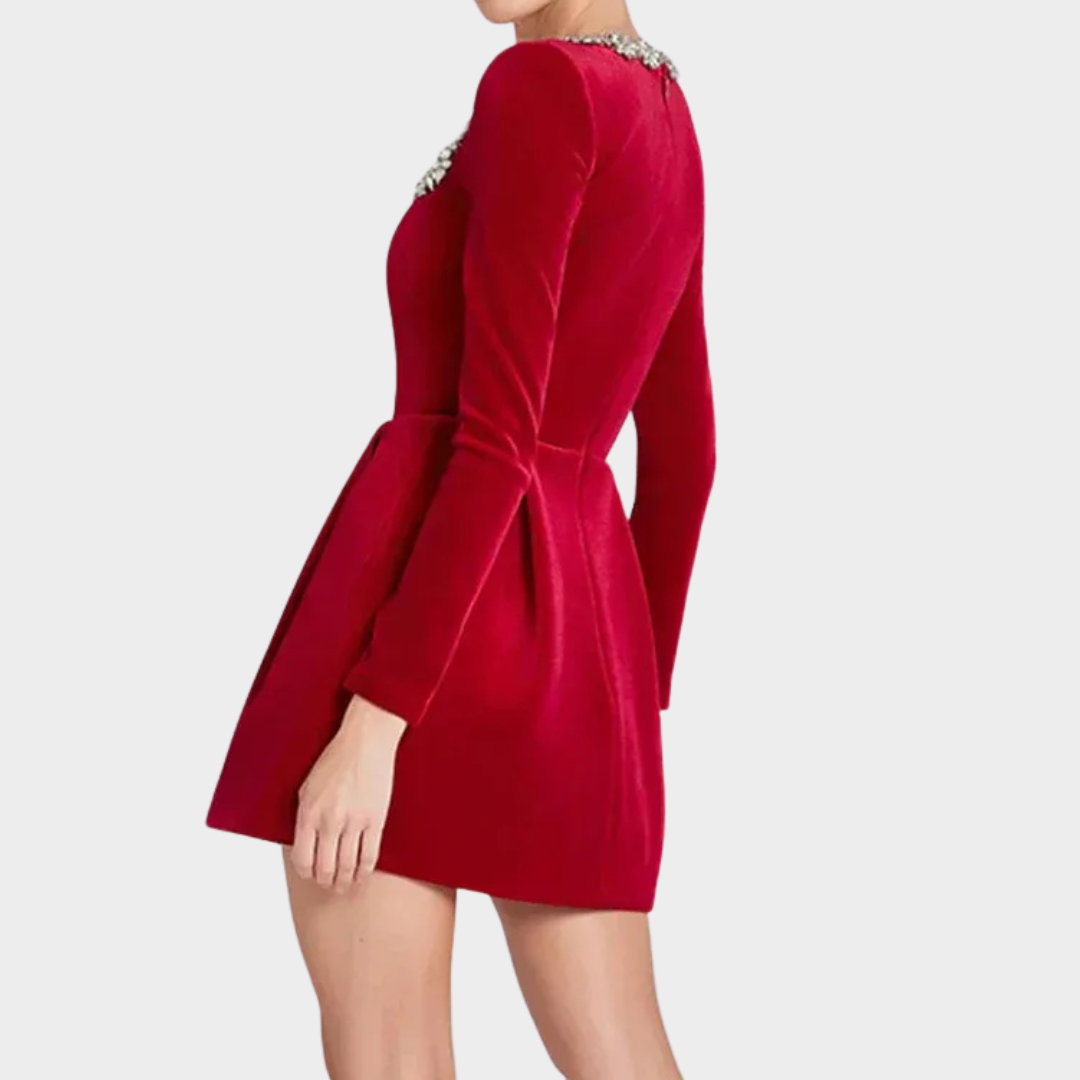 Women Velvet Crystal Dress – Elegant Evening Wear with Square Neckline and Crystal Embellishments – Slim Structured Fit – Multiple Colours