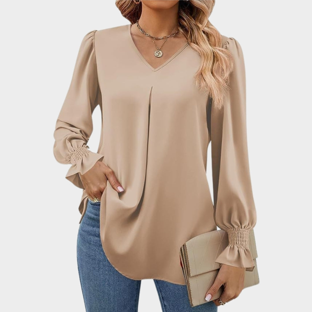 Women’s Chiffon V-Neck Blouse - Long Flared Sleeve Shirt, Loose Fit, Elegant Office Top