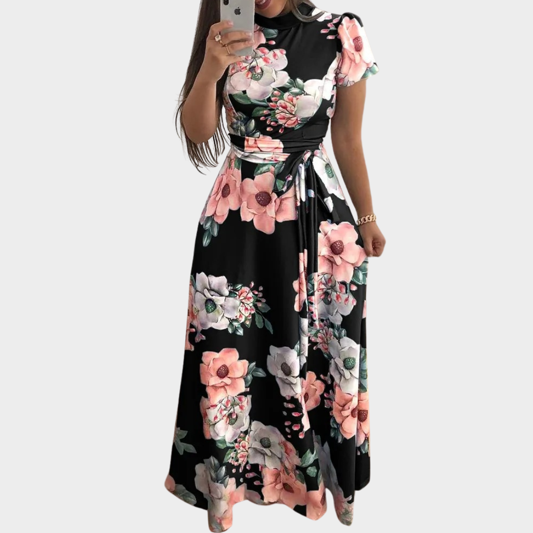 Women's Boho High Neck Maxi Dress – Floral Print Belted Party Dress – Short/Long Sleeve – Multiple Colours