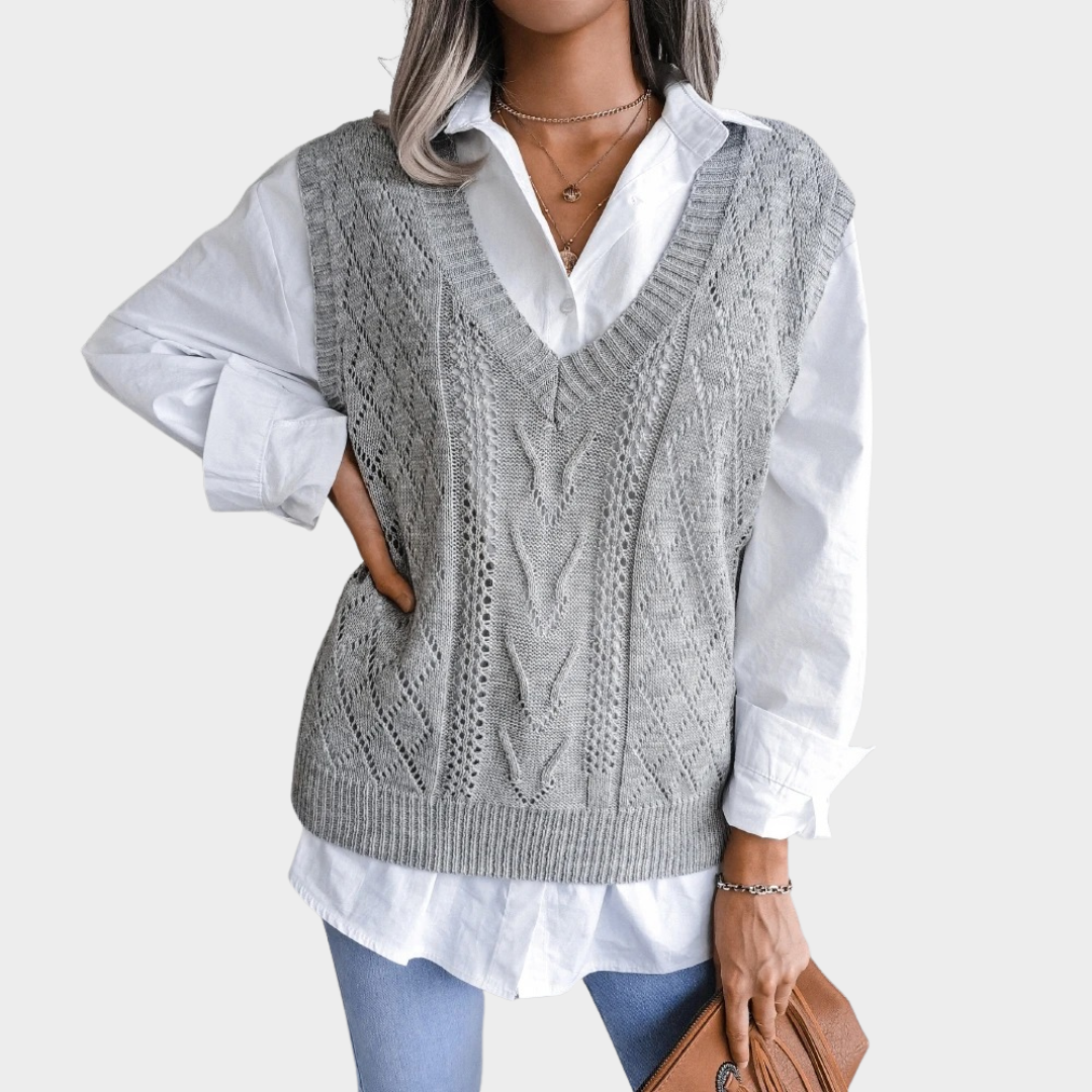 Women Knitted Vest – Relaxed Fit Cable Knit V-Neck Hip Length Layering Piece – Multiple Colours