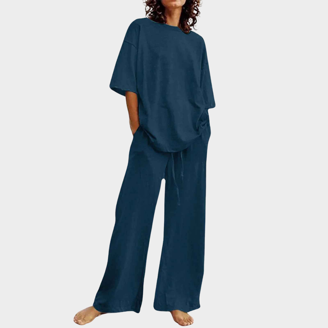 Women Two Piece Set – O-Neck Half Sleeve Belted Top with Pockets and Bell Bottom Trousers Cotton Blend – Multiple Colours
