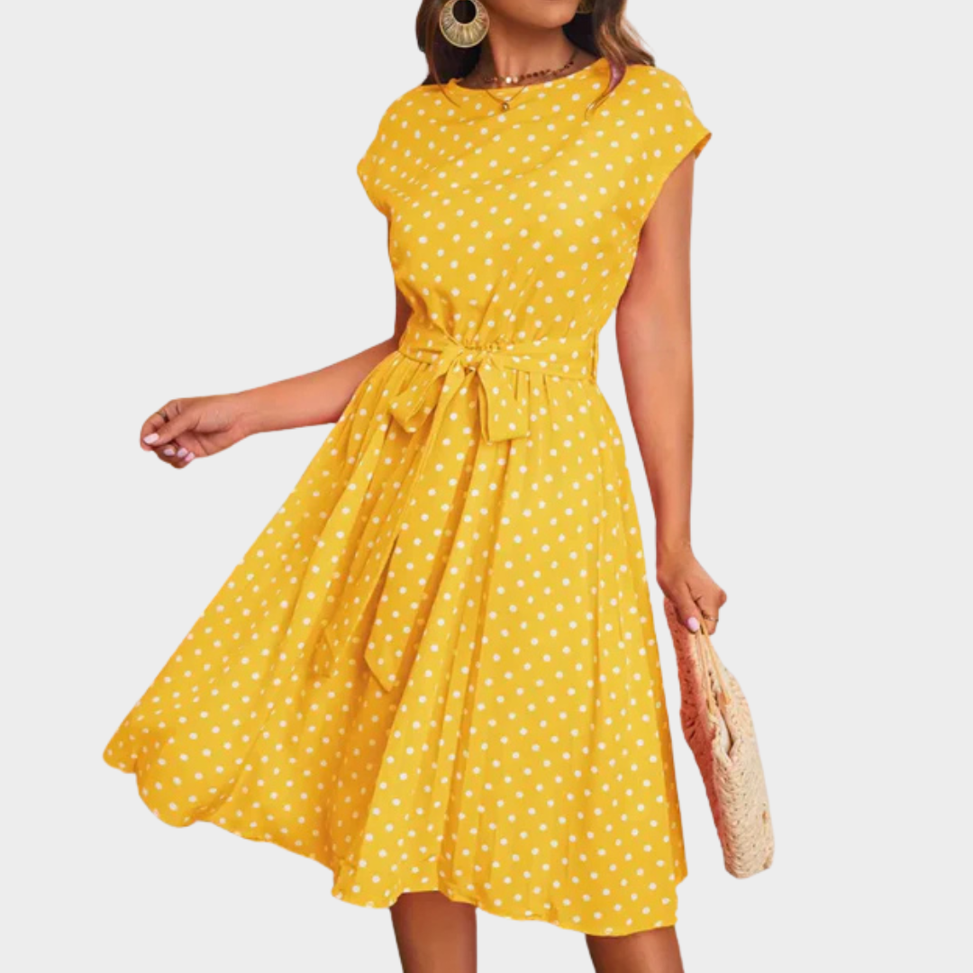 Women's Polka Dot Midi Dress – Round Neck Short Sleeves – Bow Knot Waist – Soft Lightweight Fabric – Multiple Colours