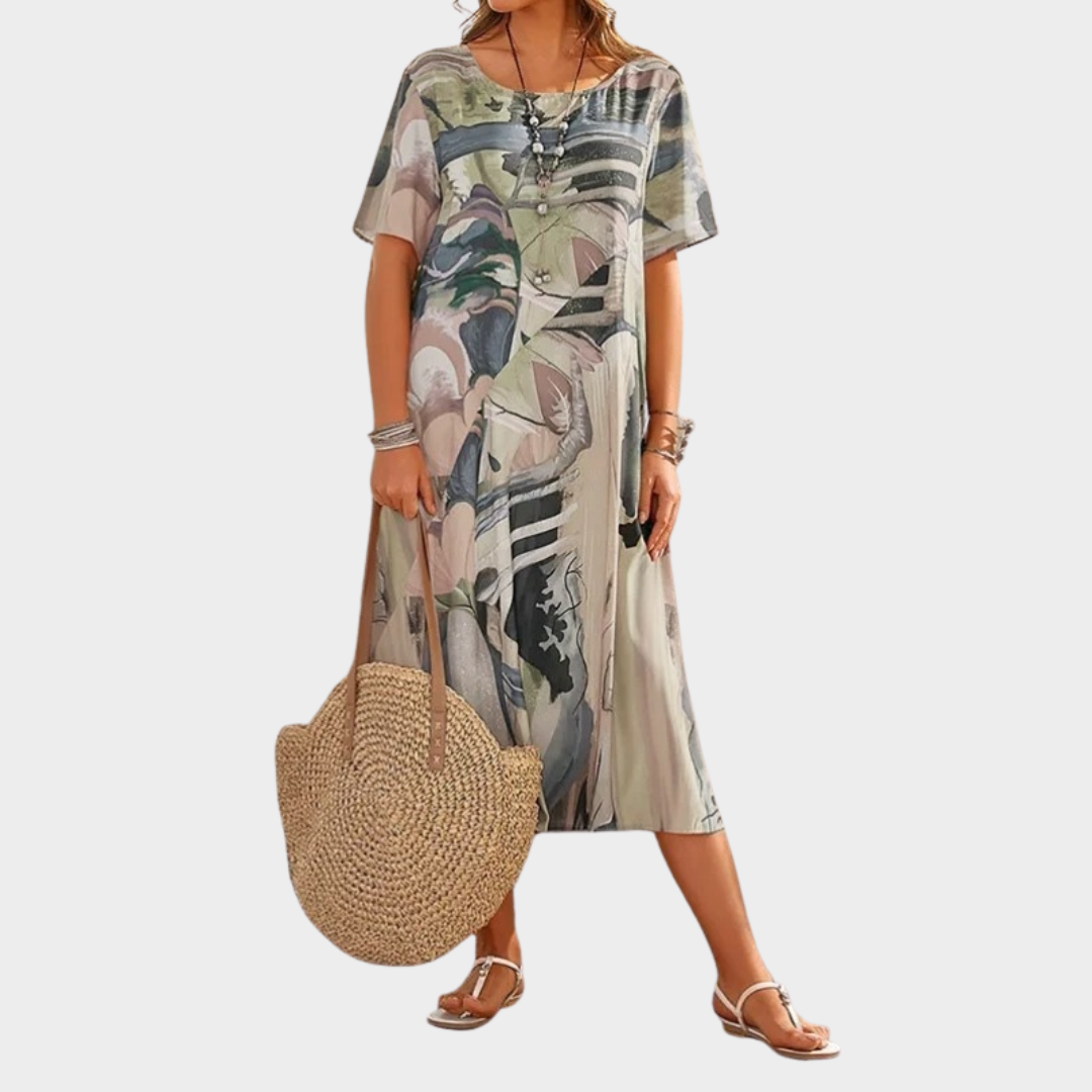 Women’s Loose Fit Midi Dress – Art Print – Round Neck – Short Sleeve – Lightweight Fabric – Multiple Colours