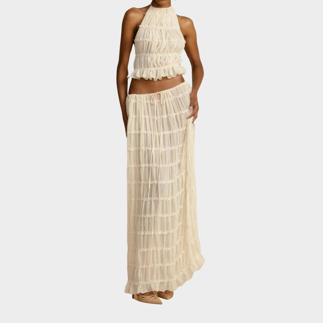 Women Two Piece Dress Set – Backless Ruffle Trim Halter Neck Vest with Long Skirt – Multiple Colours