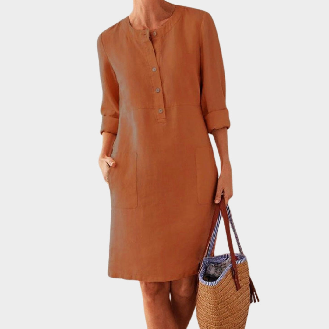Women's Long Sleeve Tunic Dress – Cotton & Linen – Knee-Length – Multiple Colours