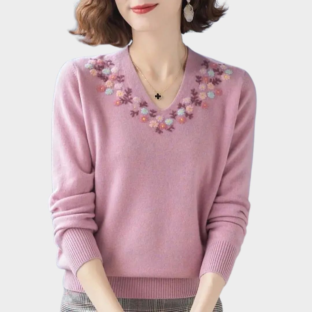 Women's V-Neck Embroidered Cashmere Sweater – Long Sleeve Knitted Pullover in Skin Red, Pink, Red