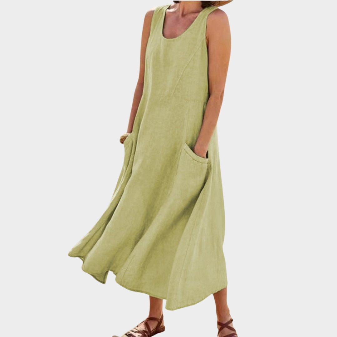 Women's Cotton Linen Dress – Sleeveless – O Neck – Loose Fit – With Pocket – Multiple Colours