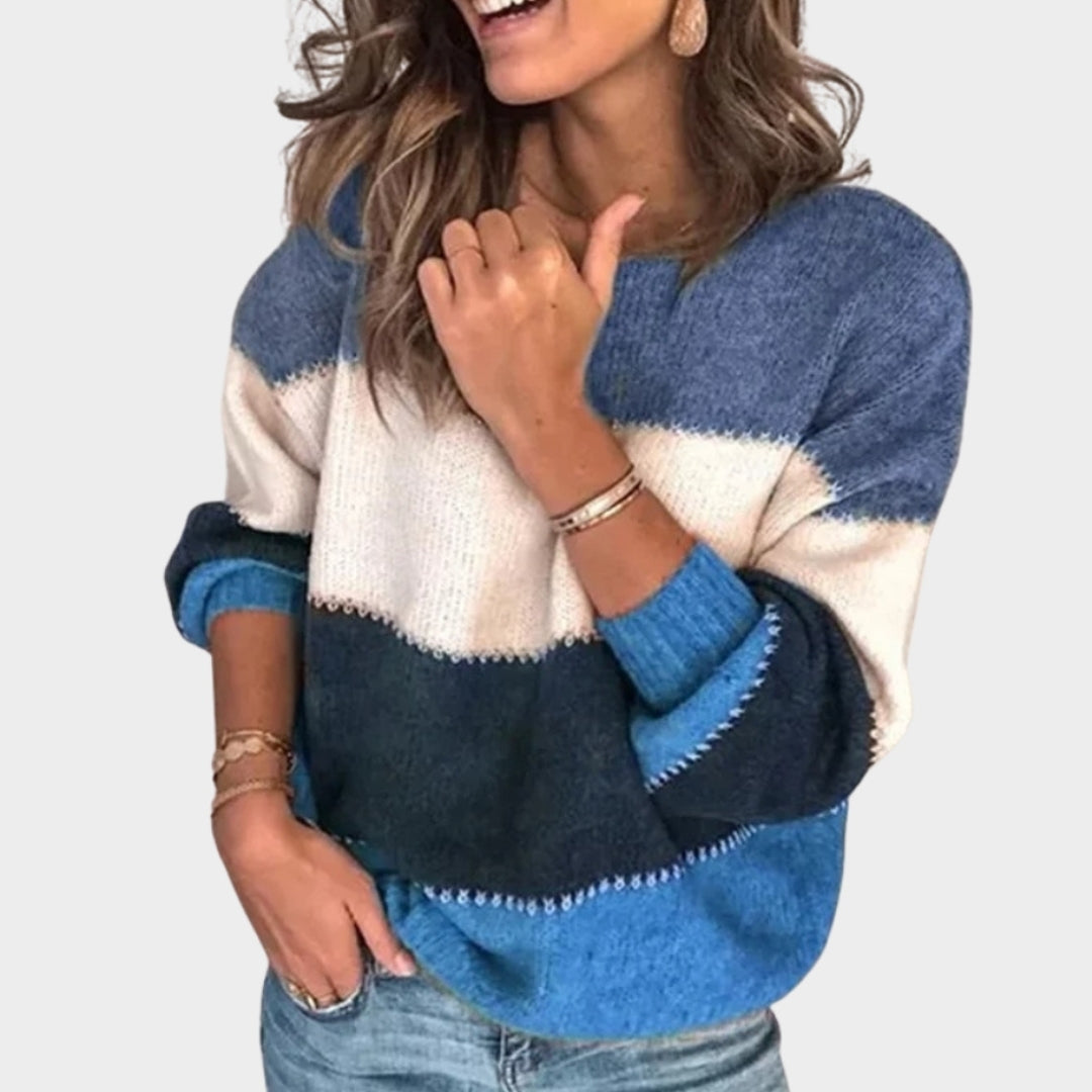 Autumn Winter Warm Color Blocking Women’s Sweater - Lantern Sleeve, O Neck, Loose Knitted Pullover, Multi-Color
