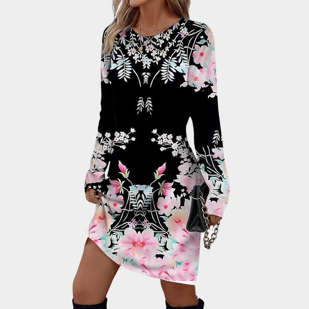 Vintage Print Women’s Dresses – Casual O-neck Long Sleeve Loose Fit Dresses, Black/White, Green/White, Blue/White
