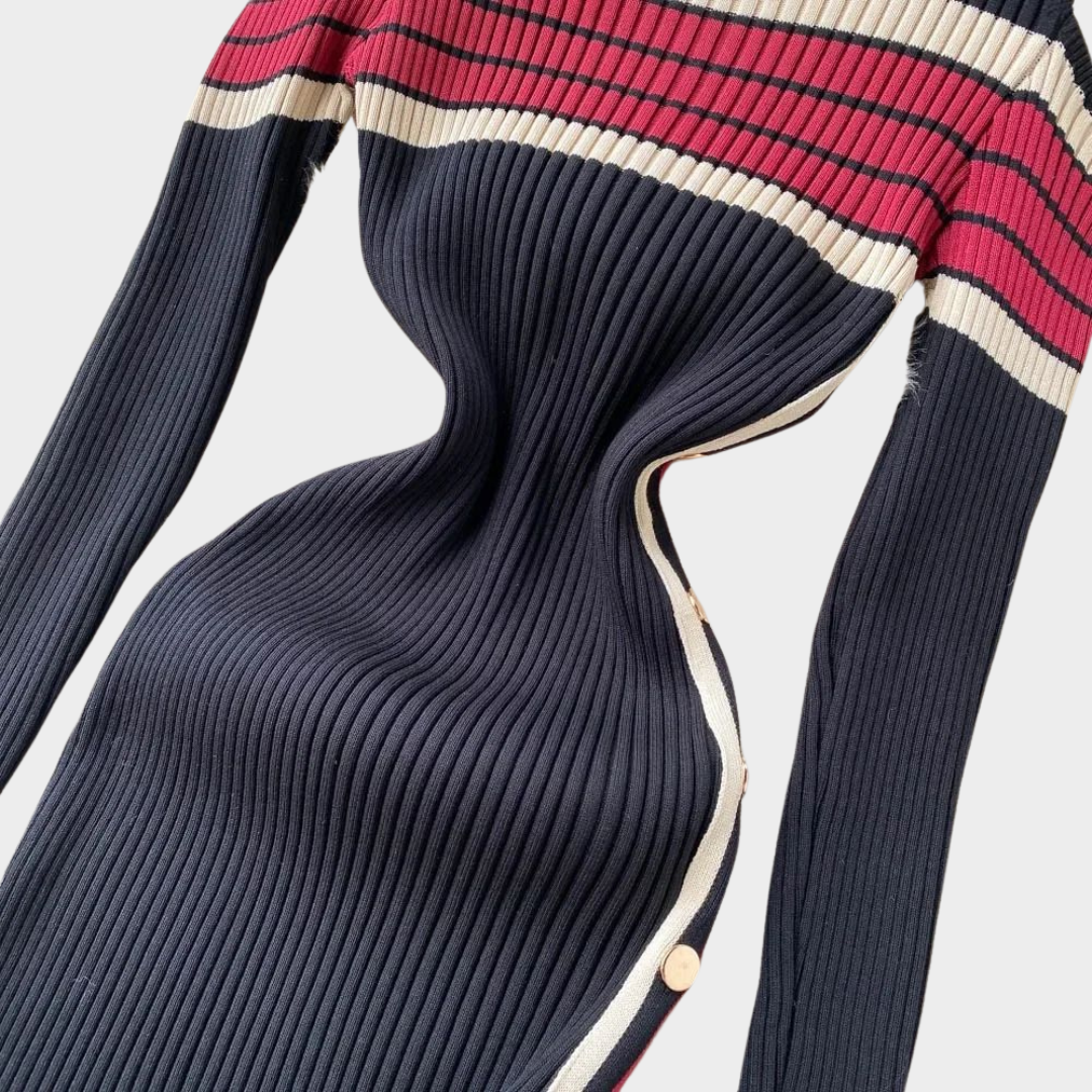Women’s Knitted Dress – Half-High Collar – Long Sleeves – Striped Pattern – Elegant Fit – Black