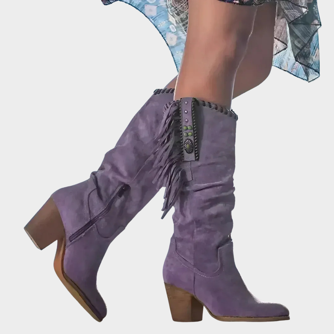Women Western Cowboy Boots – Retro High Boots with Thick Heel and Metal Buckle – Pointed Toe Tassel Design – Multiple Colours
