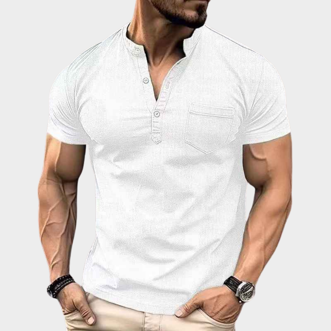 Men's Casual Short Sleeve Polo Shirt – Stand Neck with Pocket – Soft Breathable Cotton Blend – Multiple Colours