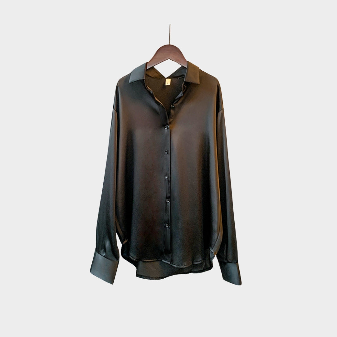 Women’s Satin Long Sleeve Blouse - Elegant Korean Style Overshirt, Luxury Designer Blouse, White, Green, Black, Champagne