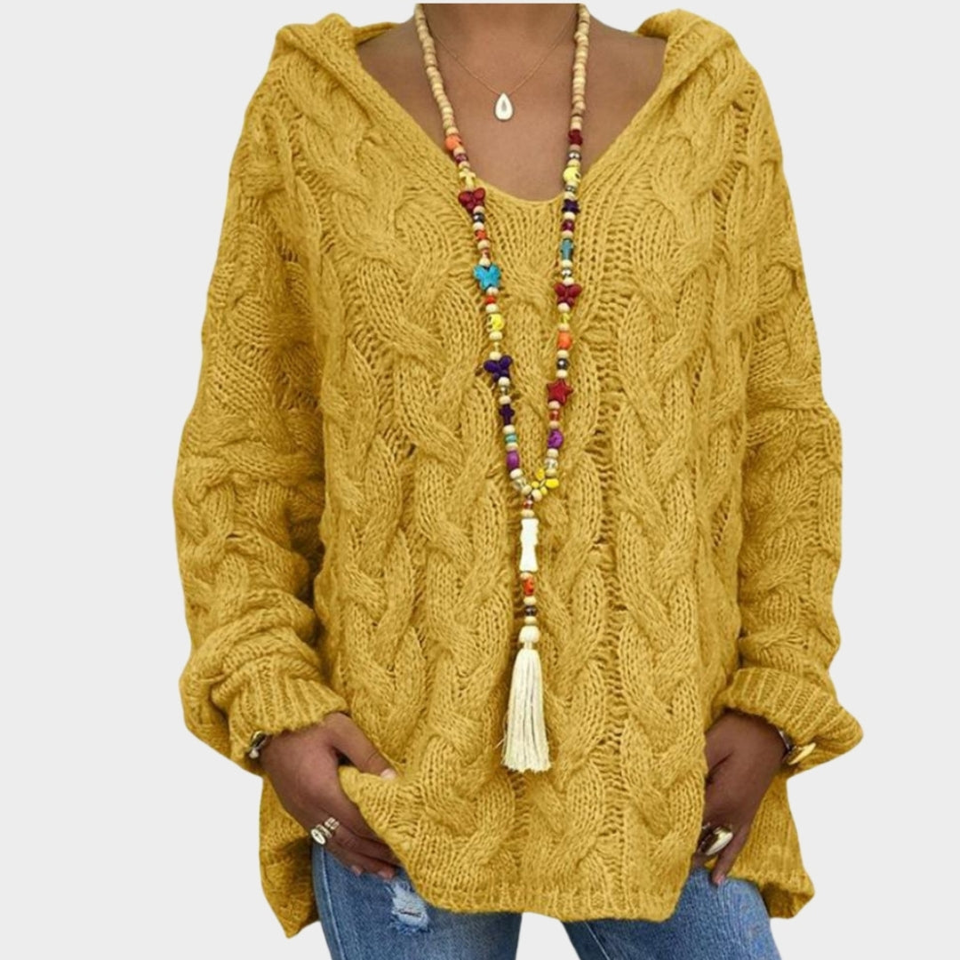 Women’s Hooded V-Neck Knitted Sweater - Long Sleeve, Twist Knit, Solid Color Loose Pullover, Red, Green, and More