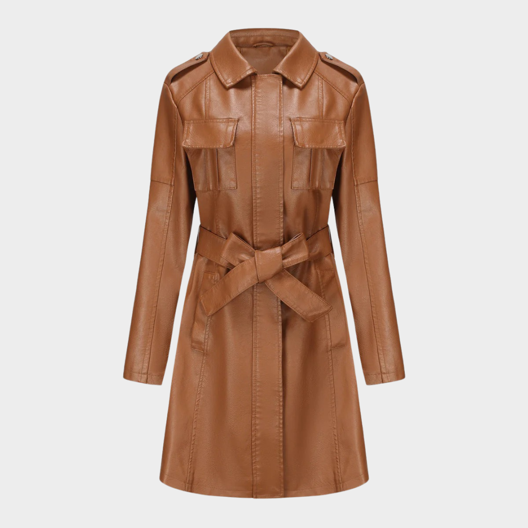 Women’s Faux Leather Trench Coat – Mid-Length Slim Fit Belted Jacket with Turn Down Collar – Multiple Colours