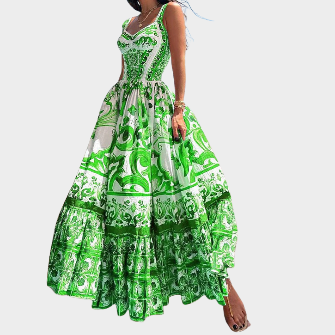 Women Sleeveless Maxi Dress – Halter Neck Gown with Empire Waist – Bohemian Print – Lightweight Fit – Ankle-Length Flow – Multiple Colours