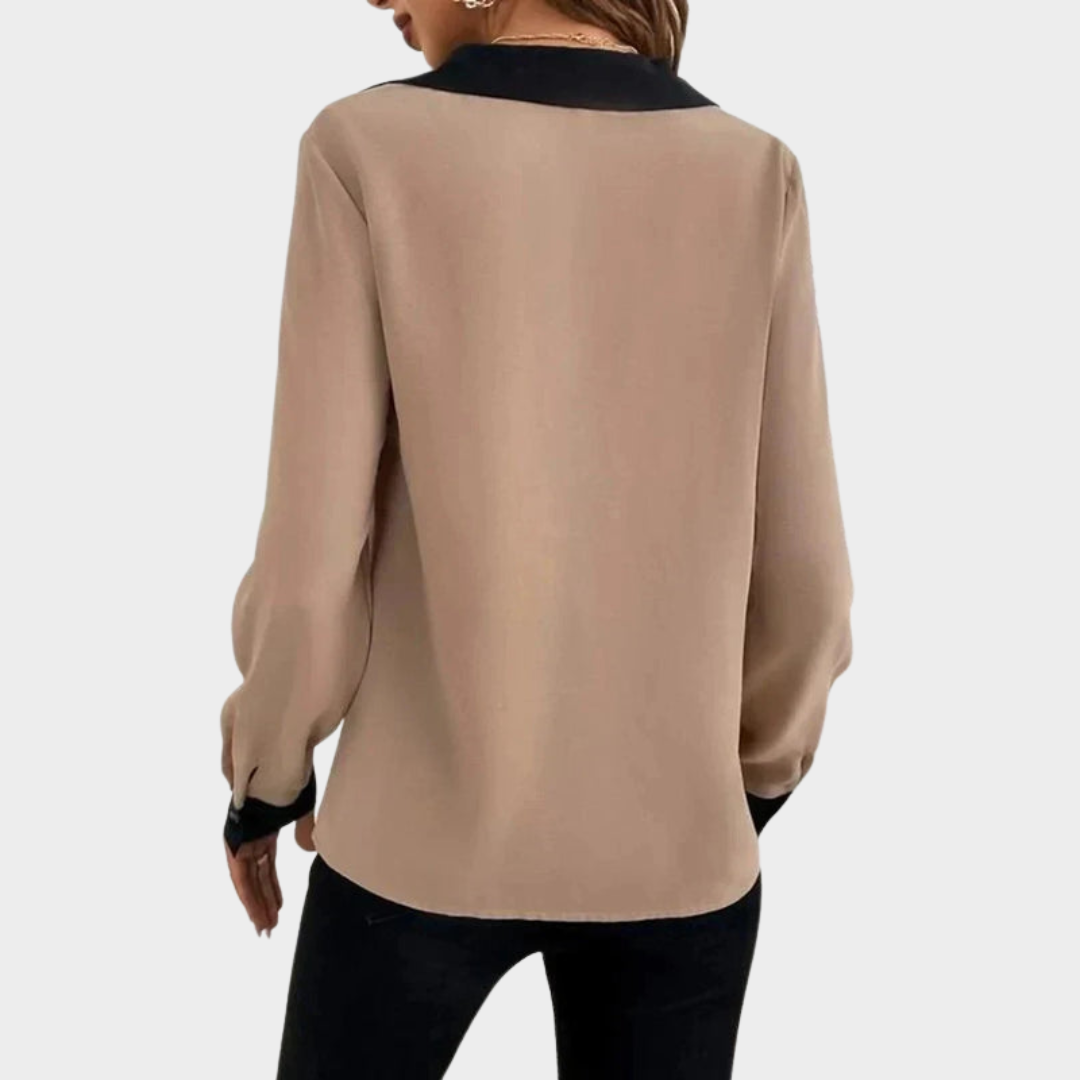 Women's V-Neck Blouse – Long Sleeve – Patchwork Color – Office Wear – Multiple Colours