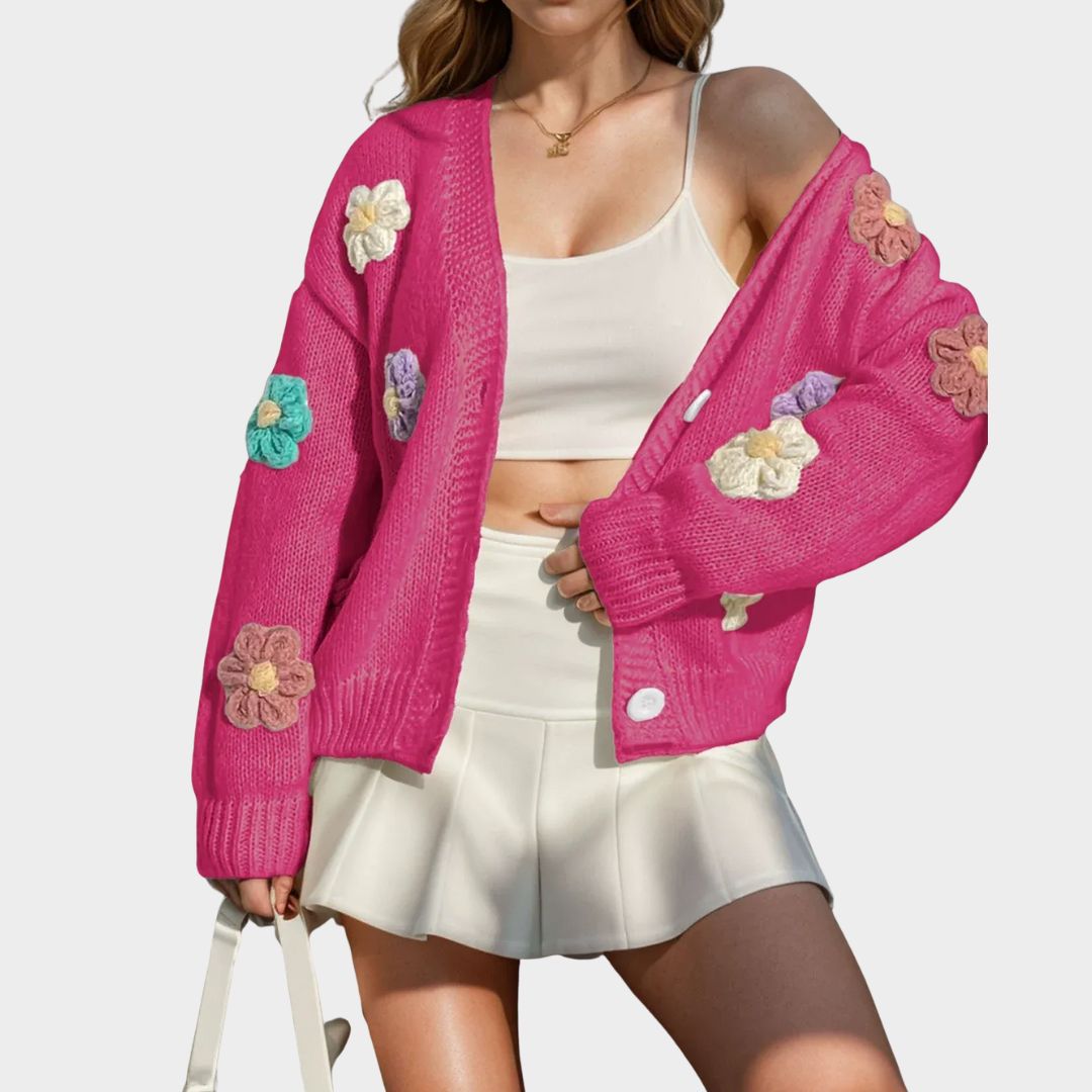 Women’s Knit Cardigan – Oversized Fit with Handmade Floral Accents and Button Front – Multiple Colours