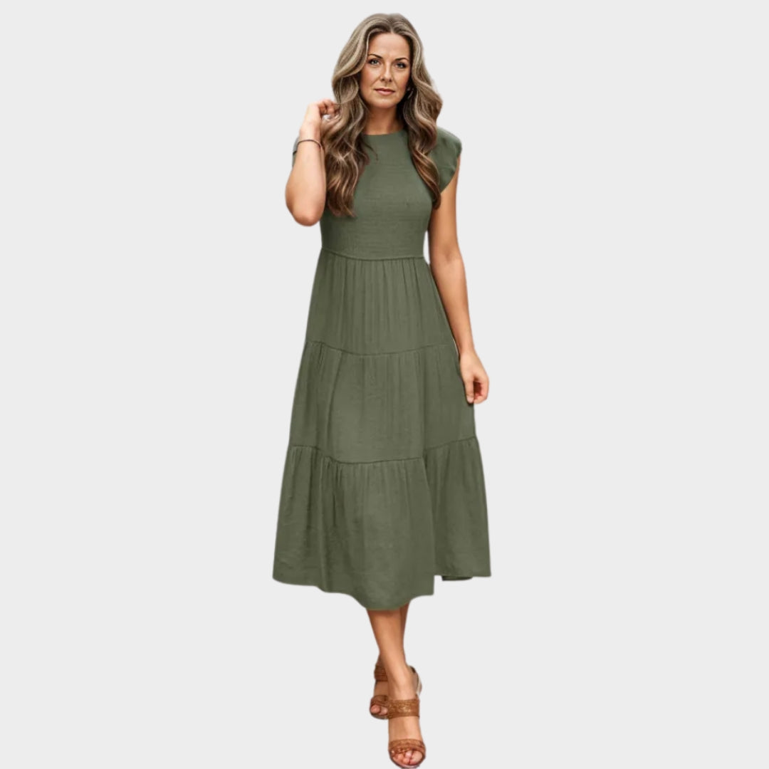 Sleeveless Women's Layered Midi Dress – Smocked Elastic Waist, Round Neckline, Summer Beach Style, Black, White, Green, Pink