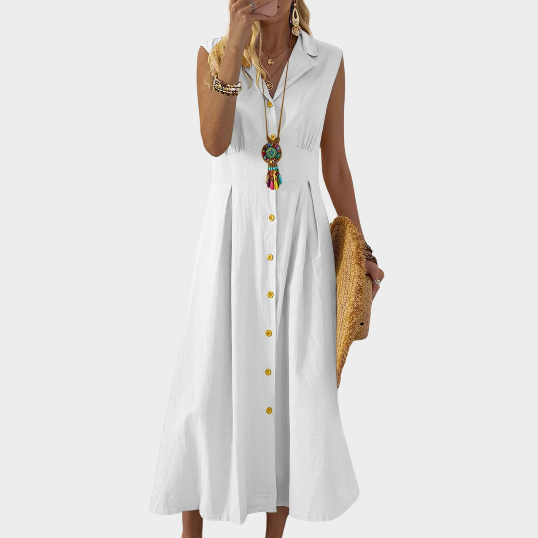 Women’s Sleeveless Shirt Dress – Loose Fit – Button Front – Cotton Linen Blend – Solid Colour – Multiple Colours