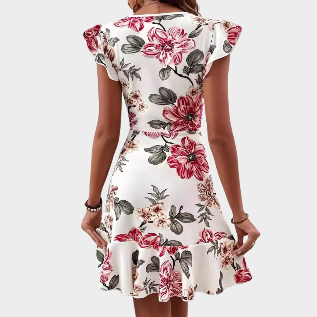 Women’s Floral Ruffle Sleeve Dress – Soft Knit Waist A-Line Fit with Red Print – Breathable Lightweight Fabric – White