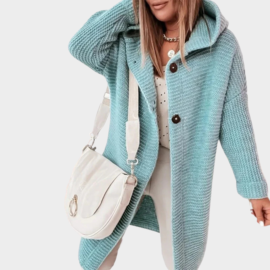 Women's Hooded Knit Cardigan Jacket – Button Front – Long Sleeve Loose Fit – Casual Outerwear – Multiple Colours
