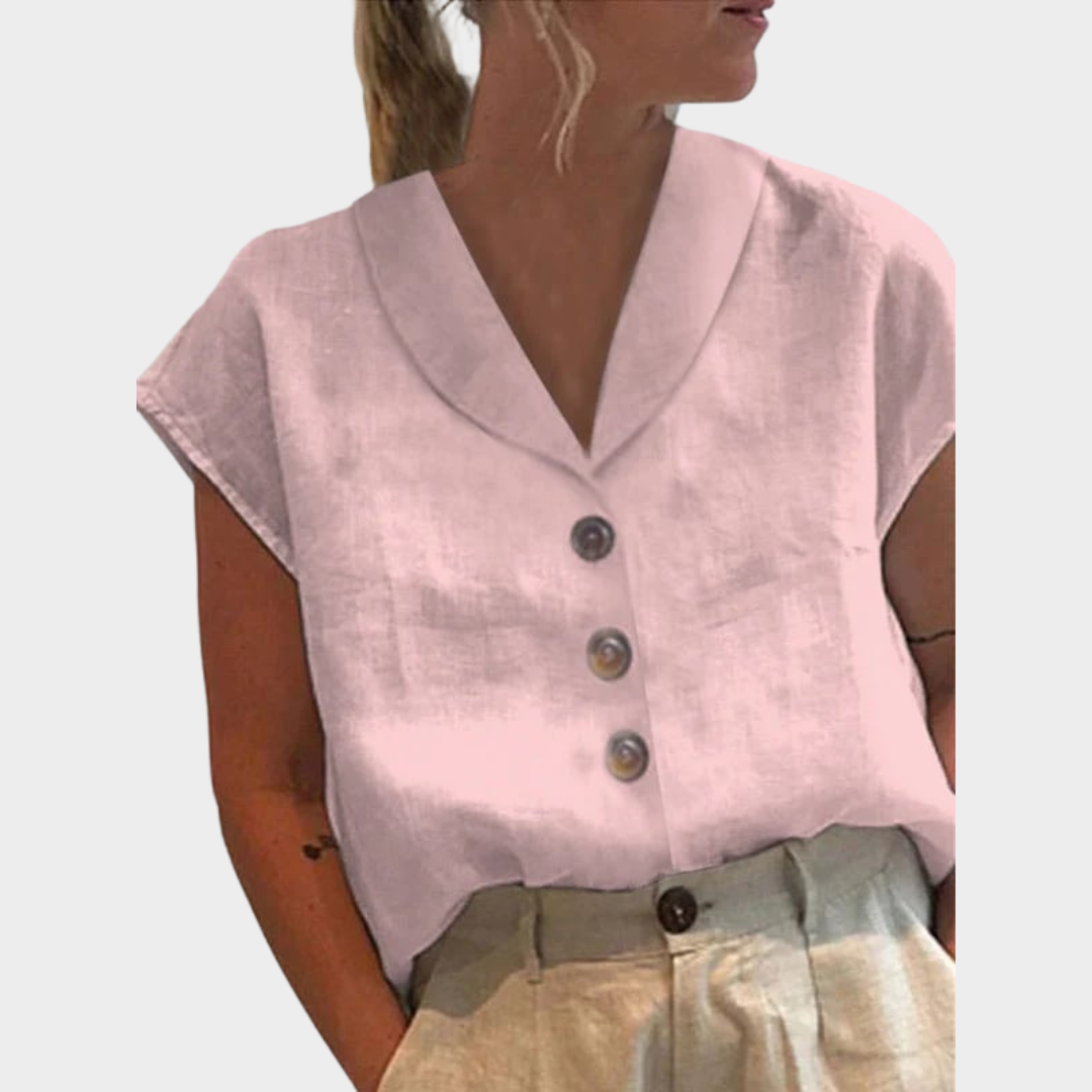 Women's Casual Cotton Linen Blouse – Single-Breasted Lapel – Half Sleeve – White