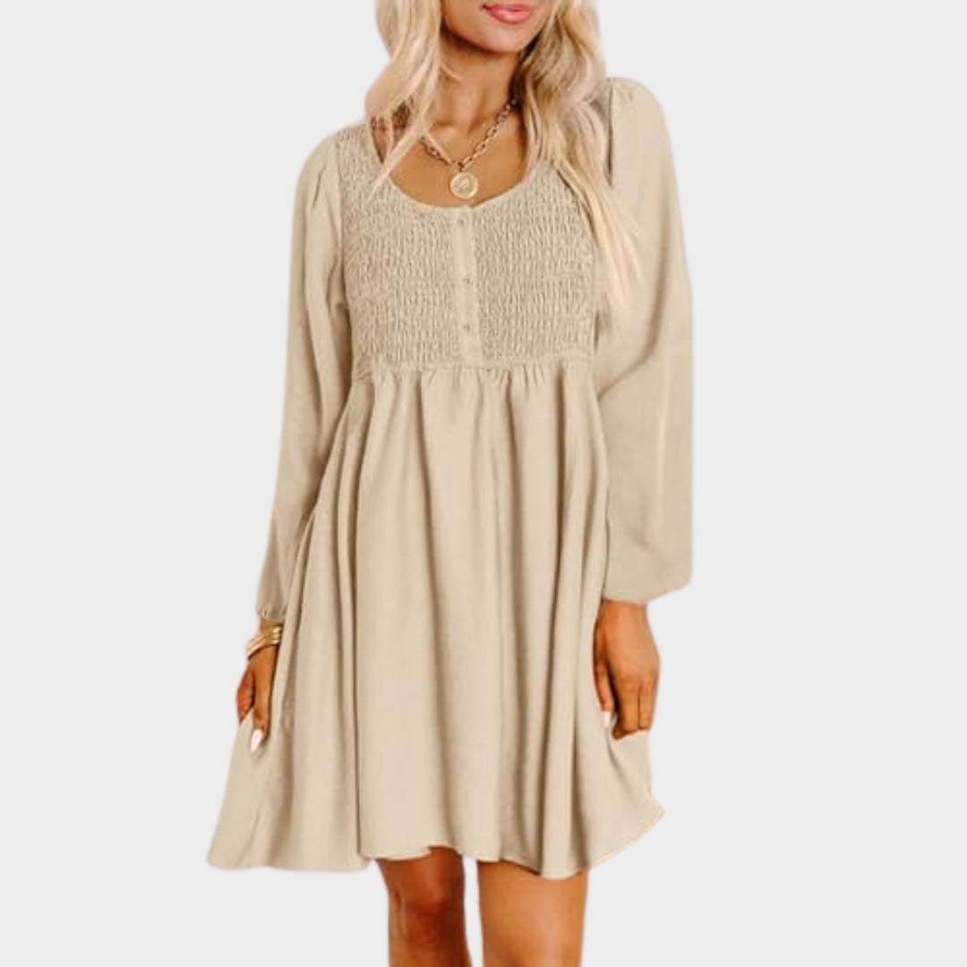 Women's Smocked A-Line Mini Dress - Crewneck - Button Up - Long Sleeve - Casual & Comfortable - Beige
