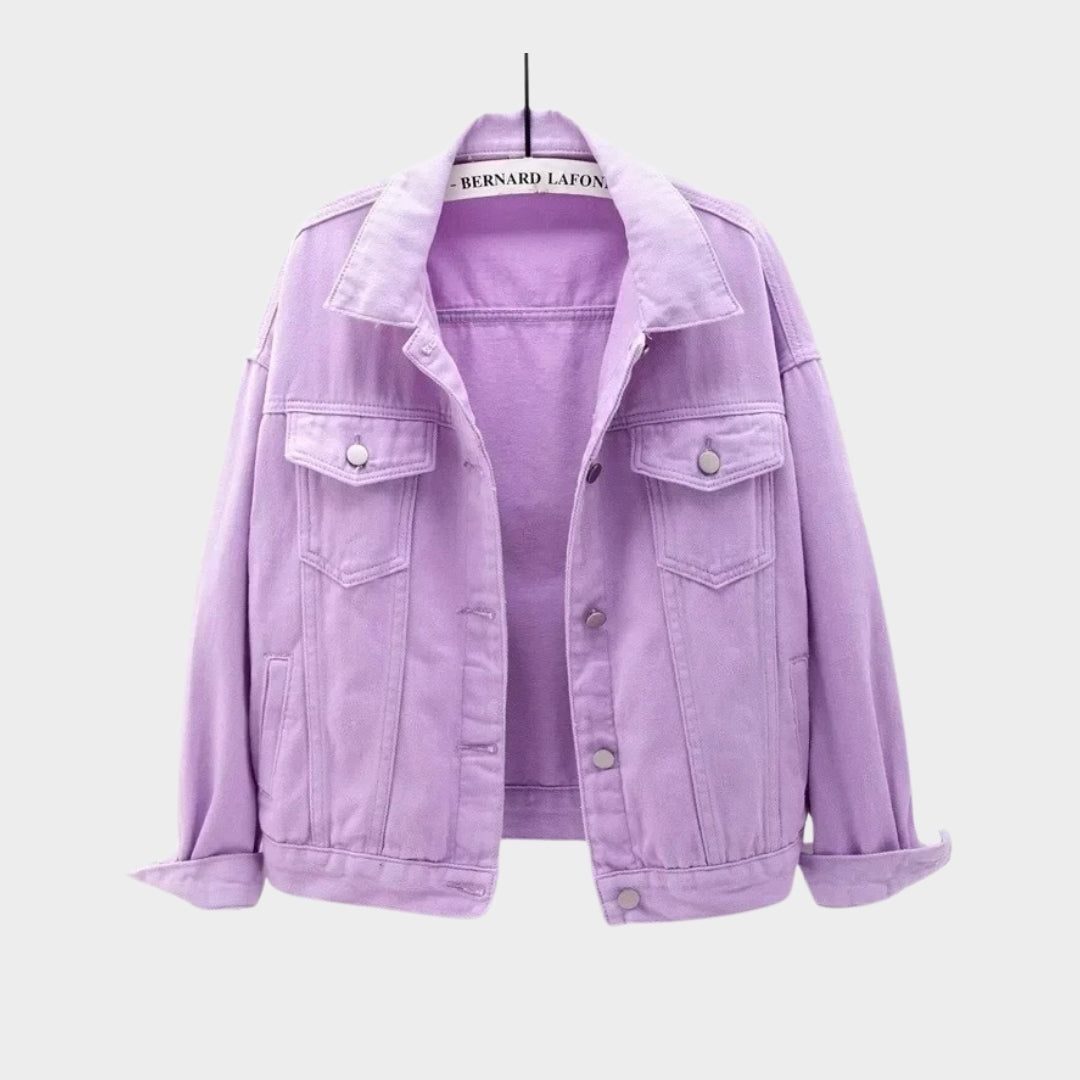 Women’s Denim Jacket – Short Casual Outerwear, Spring/Autumn, Loose Fit, Available in White, Black, Purple, Red