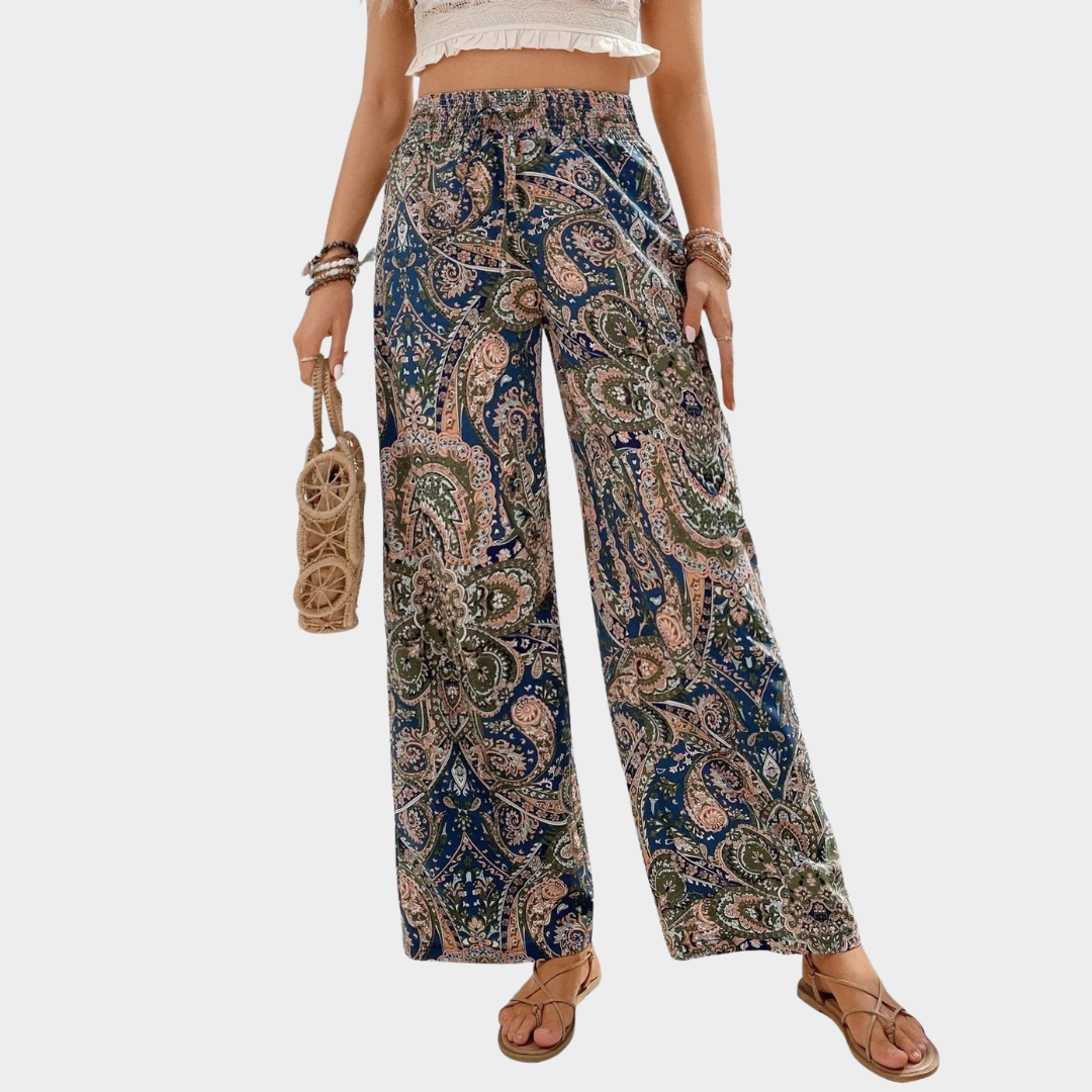 Women Wide Leg Printed Trousers – Elastic Waist Relaxed Fit Lightweight Fabric – Versatile Streetwear Look – Multiple Colours