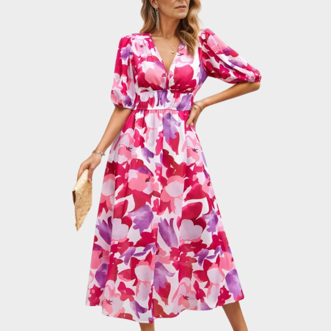 Elegant Women's Maxi Dress V-Neck Elastic Waist Printed Long Summer Dress - Beige, Pink, Black, and More