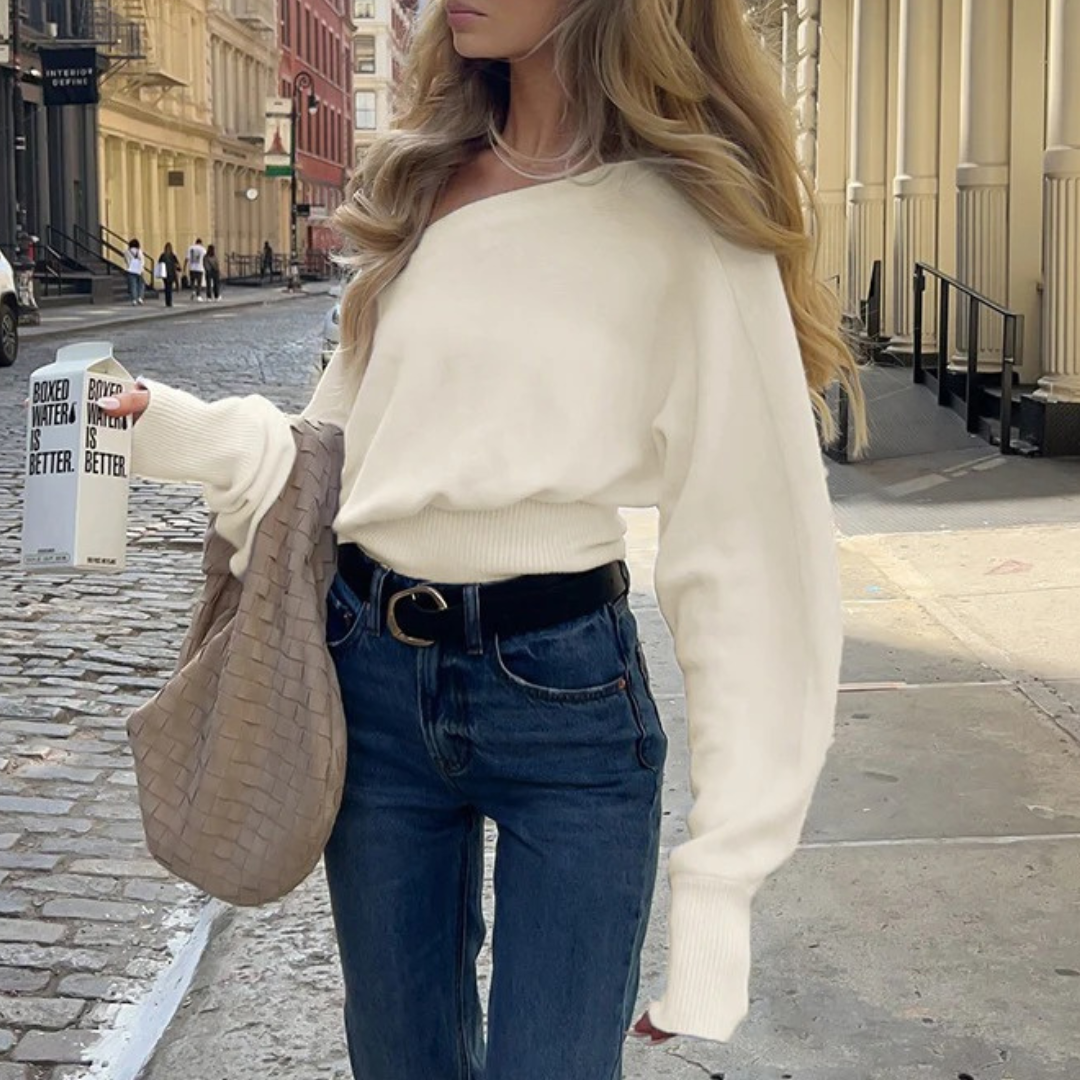 Women Off Shoulder Knitted Sweater – Long Sleeve Loose Fit Casual Pullover Top – Solid Colour Comfortable Knitwear – Apricot