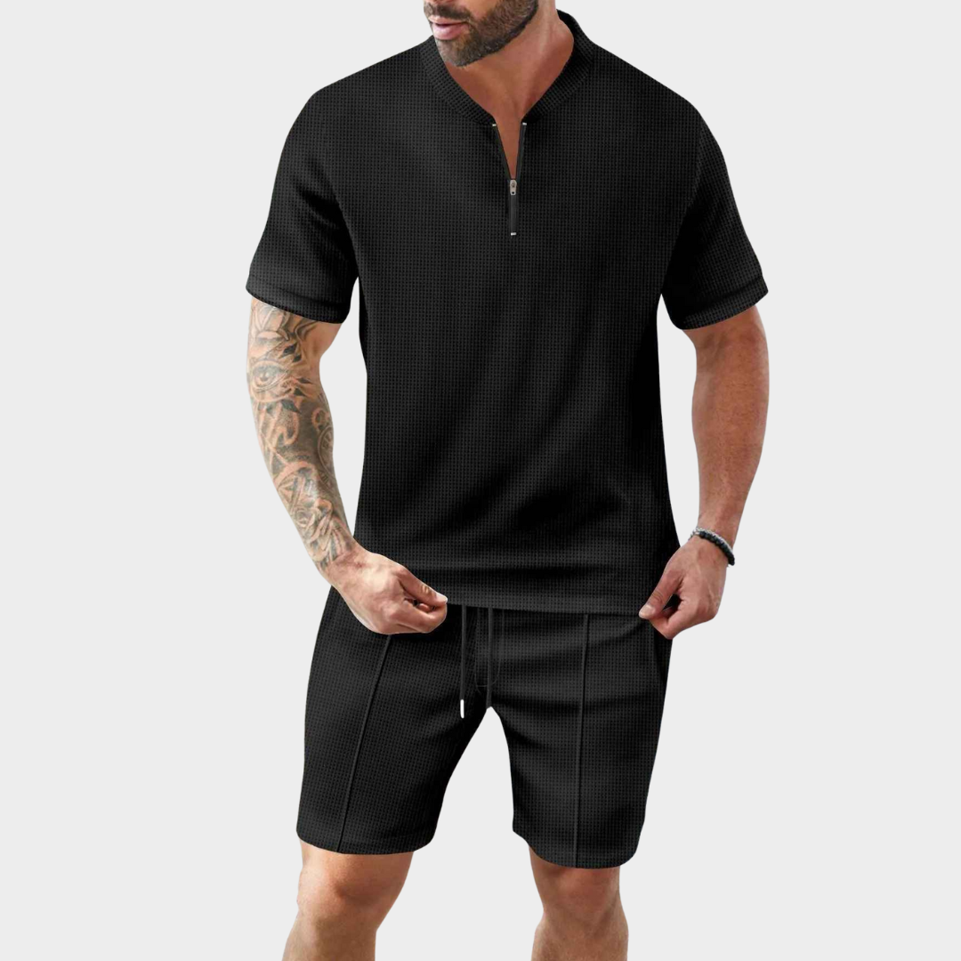 Men's Co-Ord Set – Waffle Textured Zip Collar Short Sleeve Shirt with Matching Shorts – Multiple Colours