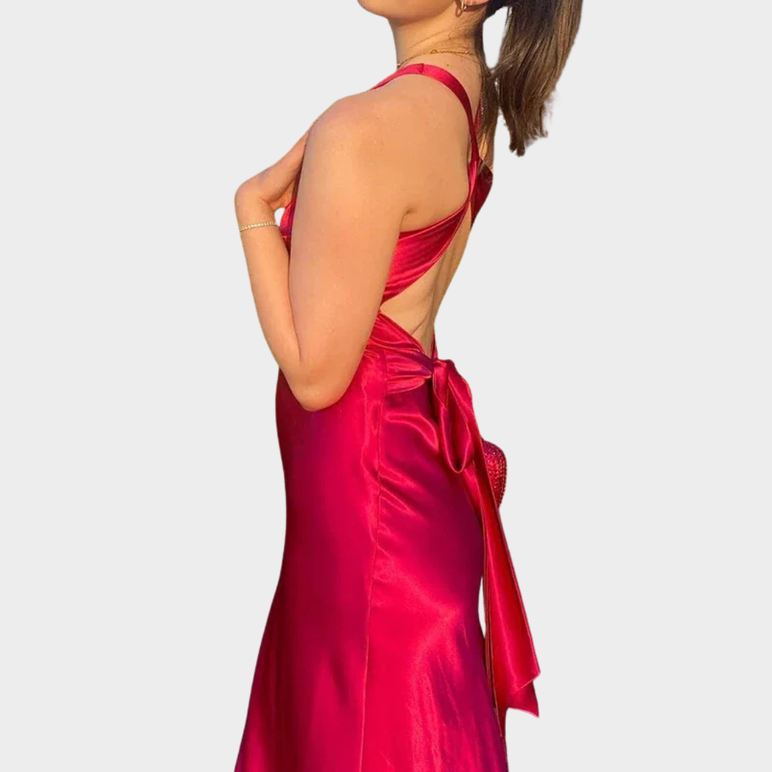 Women’s V-Neck Long Dress – Slim Satin Backless Party Gown with Straps – Multiple Colours