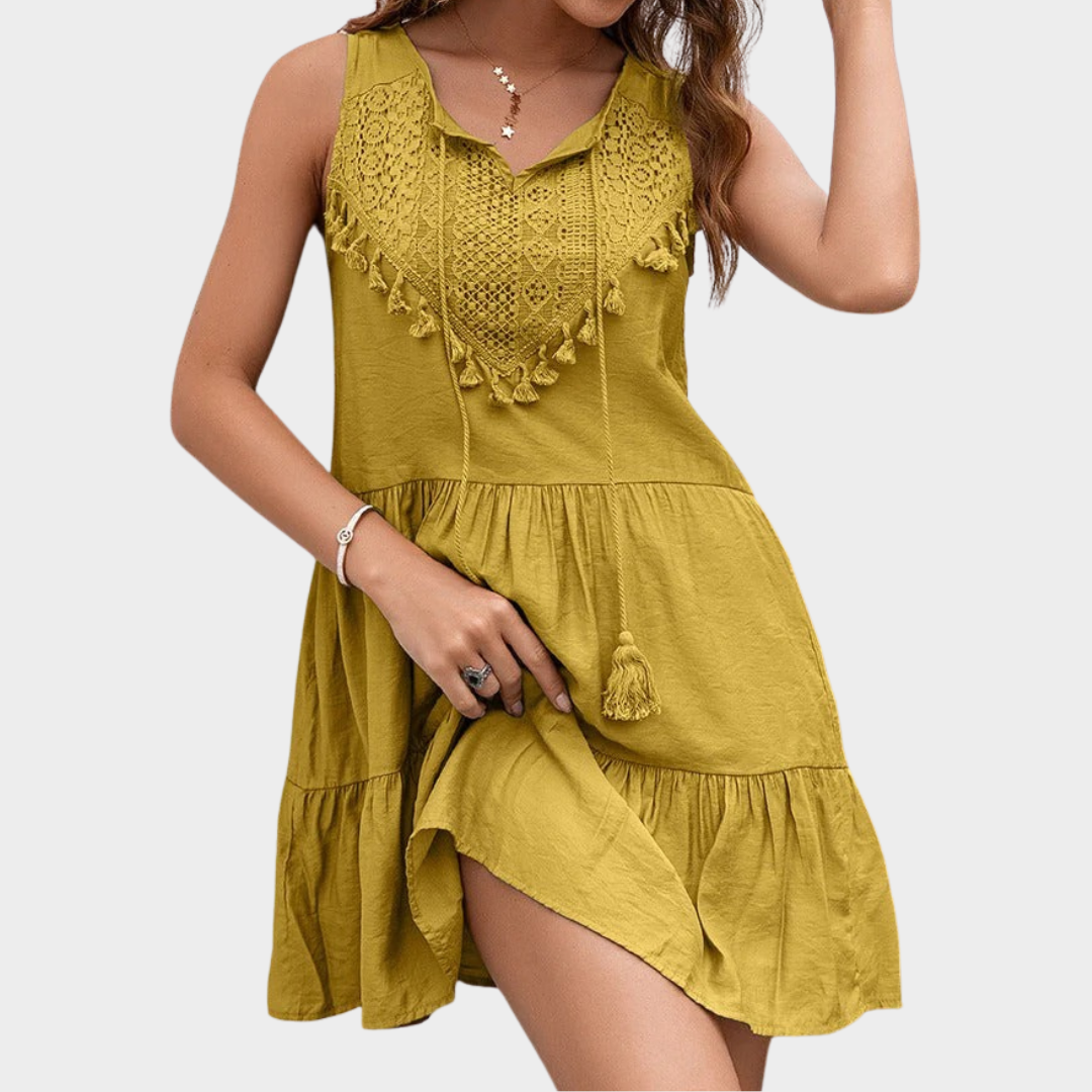 Women's Sleeveless Mini Dress – Tassel Lace High Waist Design with Solid Pattern – Comfortable Lightweight Fabric – Multiple Colours