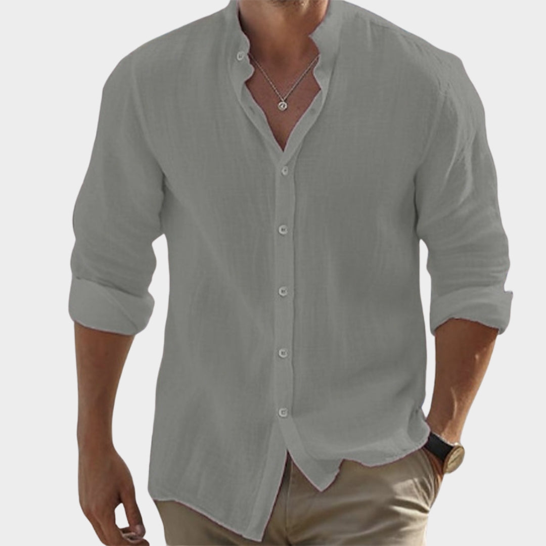 Men's Long-Sleeve Shirt - Stand Collar - Cotton Linen Blend - Casual Fit - Breathable Fabric - Multiple Colours