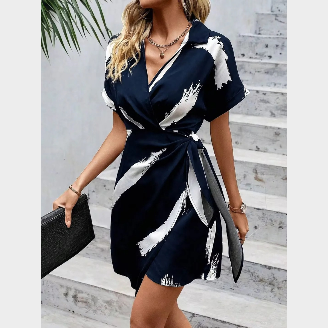 Women Short Sleeve V-Neck Dress – Casual Fit – Printed Tie Waist – Lightweight Fabric – Multiple Colours
