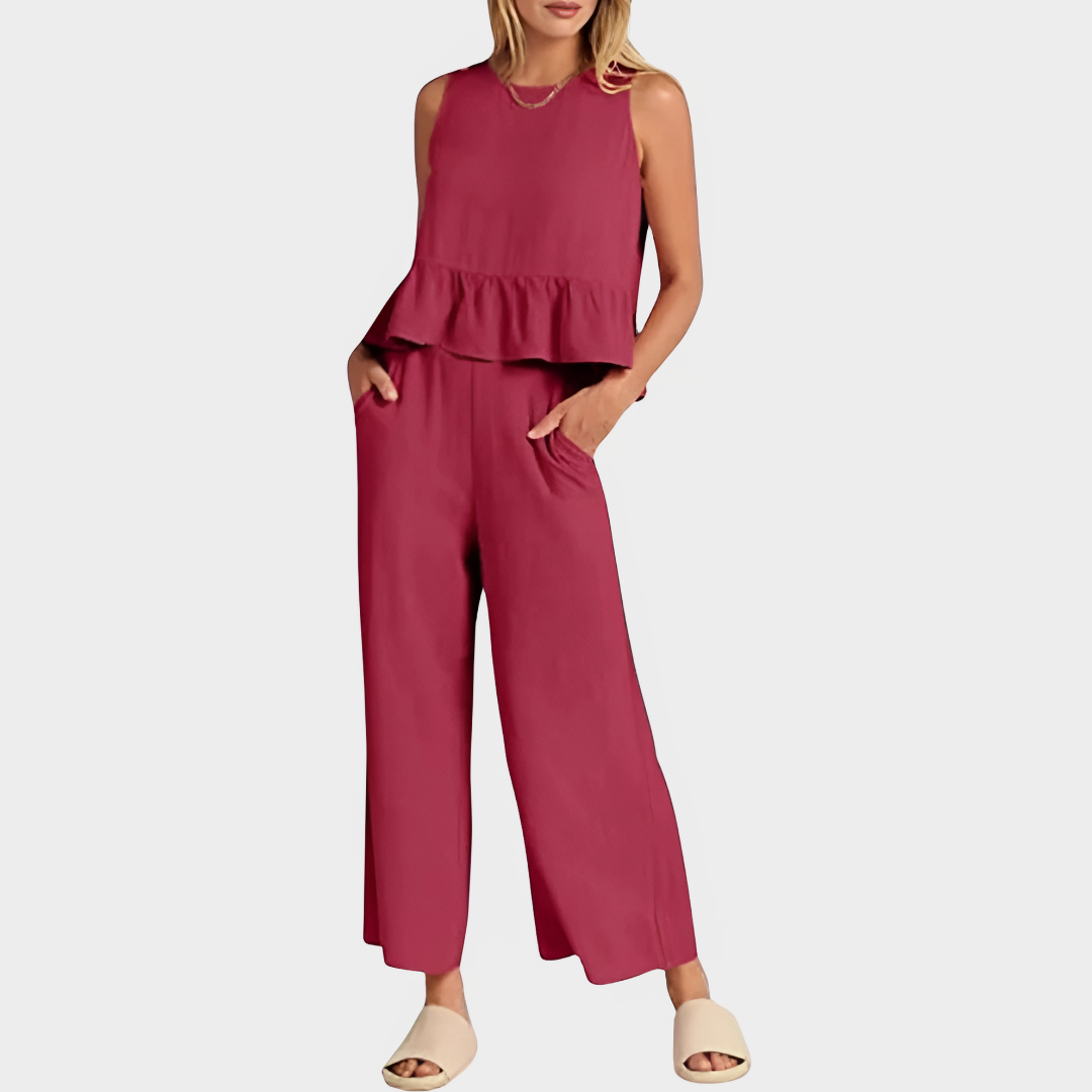 Women's Two-Piece Trouser Set - Sleeveless O-Neck Top & Pleated Wide-Leg Pants - Casual Loose Fit - Multiple Colours