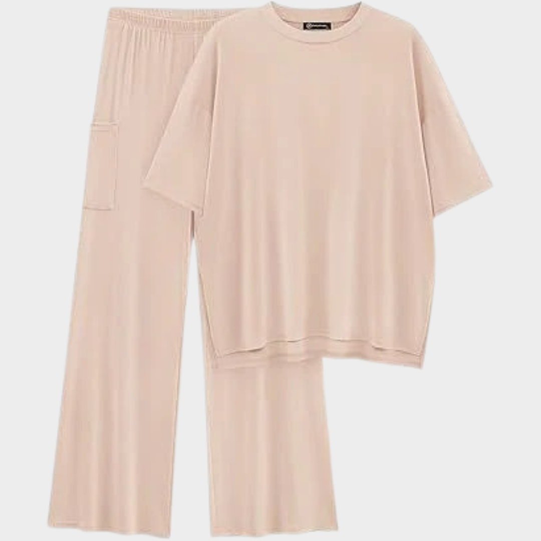 Women Two Piece Outfit – Casual Loose Set with Round Neck Top and Wide Leg Pants – Comfortable Polyester Blend – Multiple Colours