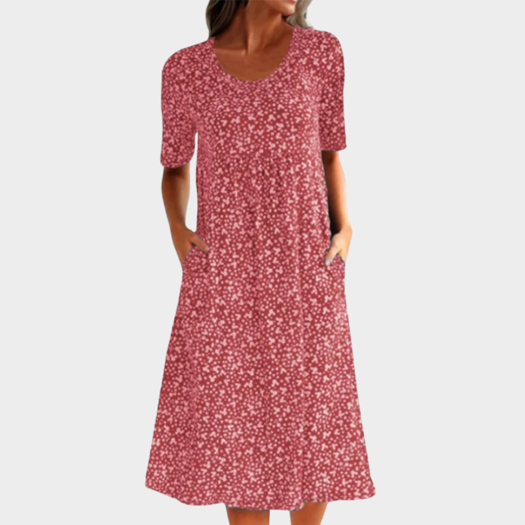Women’s Heart Print Knee-Length Dress – Round Neck Pleated Casual Fit with Pockets – Short Sleeve Lightweight Floral Style – Multiple Colours